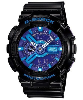 【金台鐘錶】CASIO卡西歐G-SHOCK 雙顯錶 男錶 橡膠錶帶 黑 抗磁 碼錶 (黑藍紫) GA-110HC-1A