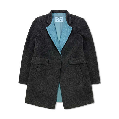 [極新品] Prada 普拉達 100%純羊毛 鐵灰色+湖水綠領拼接 女生隱藏釦長版大衣 義大利製 約S號