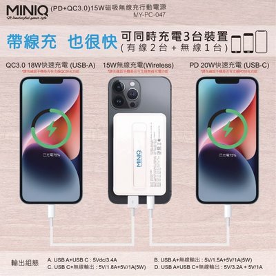 MINIQ MY-PC-047(PD+QC3.0)15W 磁吸無線充行動電源iPhone MagSafe磁吸式 隨吸即充