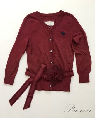 全新無吊牌 A&F 女童 M號 大麋鹿標誌 深紅花朵腰帶 長袖毛衣 毛衣上衣 Abercrombie & Fitch
