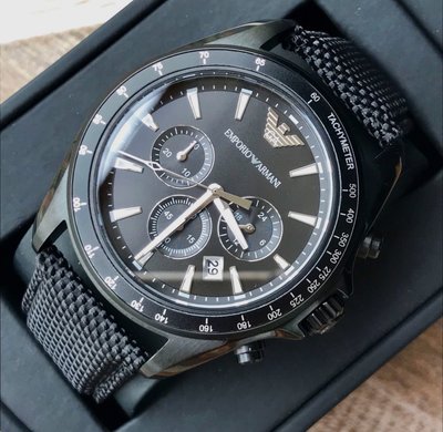 EMPORIO ARMANI 黑色面錶盤 黑色真皮革錶帶 石英 三眼計時 男士手錶 AR6131 亞曼尼手錶