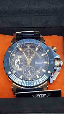 【成吉思汗精品】BALMER賓馬王 藍框玫瑰金藍鋼錶帶三眼帶日期藍寶石鏡面型號：7975外框鉚釘設計
