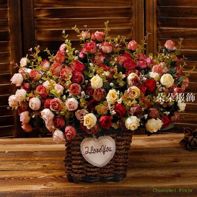 自然逼真工廠批發歐式小玫瑰花束絹花21頭仿真花居家裝飾花假花防真人造花