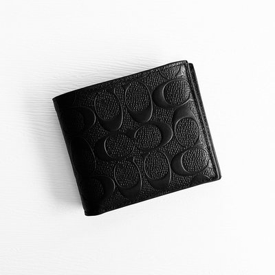 美國百分百【全新真品】COACH 皮夾 短夾 真皮 專櫃精品 男款 錢包 可拆式證件夾 大LOGO 浮雕 黑色 AA60