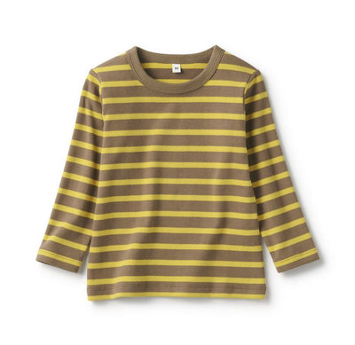 [MUJI無印良品]童裝 幼兒有機棉起毛針織圓領長袖T恤 90棕橫紋