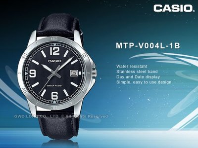 CASIO 卡西歐 國隆 手錶專賣店 MTP-V004L-1B 男錶 指針錶 礦物玻璃鏡面 皮革 生活防水