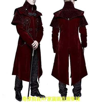 男士中世紀蒸汽朋克城堡吸血鬼惡魔紅色外套角色扮演服裝中世紀的維多利亞尼亞貴族燕尾服西裝風衣