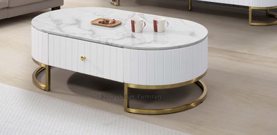【N D Furniture】台南在地家具-不鏽鋼金色電鍍腳座MDF全包拼白色皮革130cm人造石面大茶几YH