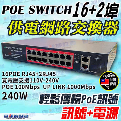 目擊者 PoE 供電網路交換器 16+2埠 網路交換機 16路 路由器 IP 網路 分享器 監控 攝影機 1080P