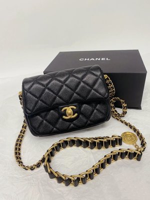 【翰貝格名牌館】全新真品 Chanel 新款 黑色 荔枝皮 MINI 18cm 方胖子 金幣 鍊帶包 AS2482