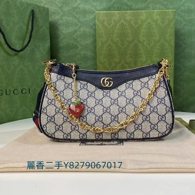 麗香二手 GUCCI 古馳 Ophidia 草莓掛飾 GG防水布 藍色 麻將包 腋下包 肩背包 735132 現貨