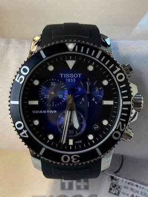 TISSOT Seastar1000漸層藍色錶盤 黑色橡膠錶帶 石英 三眼計時 男士手錶 天梭防水300米潛水錶 T1204171704100