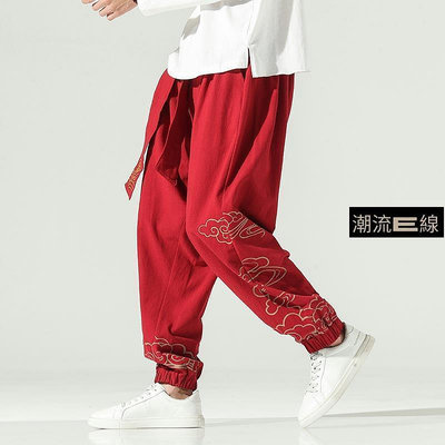 中國風刺繡紅色亞麻束腳哈倫褲男古風唐裝漢服大尺碼寬鬆闊腿燈籠褲-潮流e線