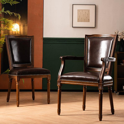 美式實木真皮餐椅復古做舊橡木靠背椅咖啡餐廳酒店家用原木書桌椅