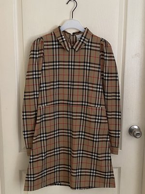 全新超美  Burberry puff-sleeve vintage check dress  14Y現貨