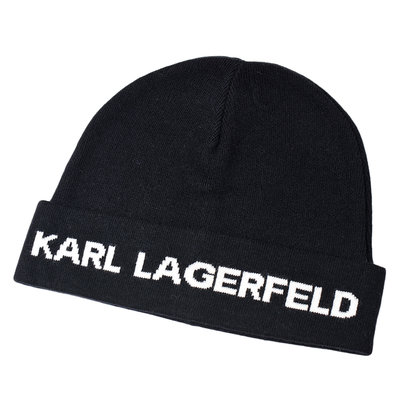 美國正品 KARL LAGERFELD 簡約LOGO反折毛帽-黑色【現貨】