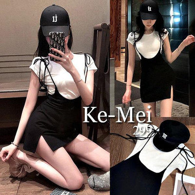 克妹Ke-Mei【AT84531】歐美時尚黑白撞色吊帶裙+短T二件式洋裝
