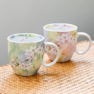 日本進口美濃燒手工彩繪櫻花粉馬克杯情侶對杯禮物日式咖啡杯水杯