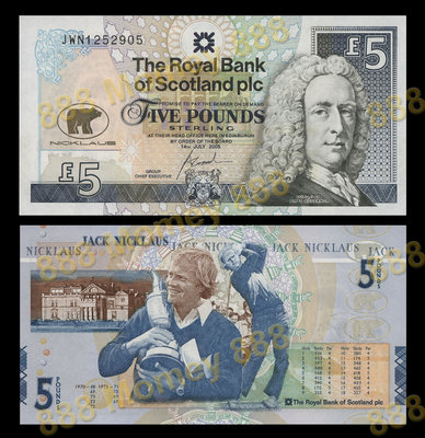 英國蘇格蘭皇家銀行2005年版5 Pound紀念鈔１枚。－UNC－尼克勞斯告別高壇紀念鈔－－(外鈔收藏)