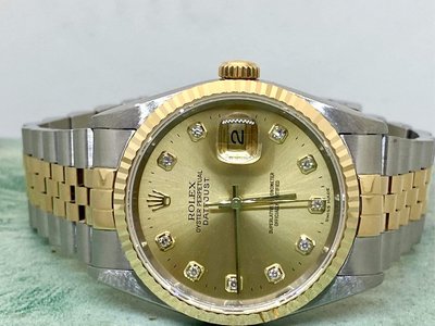 國際精品當舖 ROLEX 勞力士 蠔式半金  #原金色10鑽面盤 手錶型號：16233G(無洞）原廠國內完稅證明、原盒
