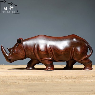 黑檀木雕犀牛擺件招財實木質雕刻動物家居客廳裝飾擺設紅木工藝品~特價