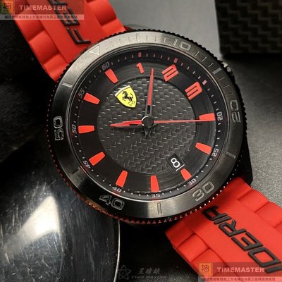 FERRARI手錶,編號FE00072,48mm黑圓形精鋼錶殼,黑色中三針顯示, 運動錶面,紅真皮皮革錶帶款