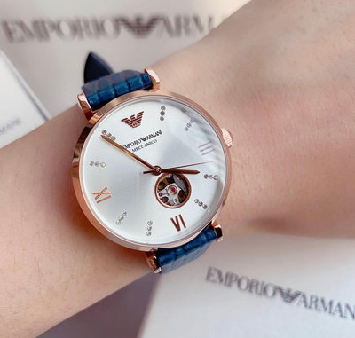 EMPORIO ARMANI 白色鏤空錶盤  藍色皮革錶帶 女士 自動機械錶  AR60020