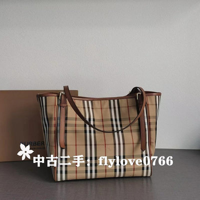 中古二手BURBERRY 博柏利 Horseferry 戰馬格紋帆布托特包/手提包/購物袋/單肩包 5788