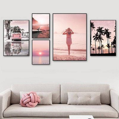 Ins 粉色日落海灘椰子樹衝浪板牆壁藝術畫布繪畫海報打印牆圖片為客廳裝飾
