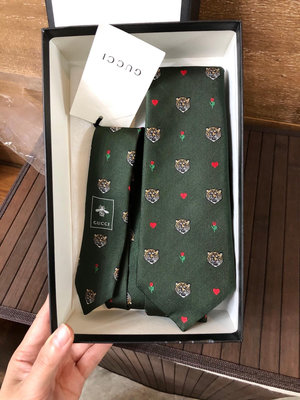 Gucci古馳男士墨綠色虎頭玫瑰花時尚領帶