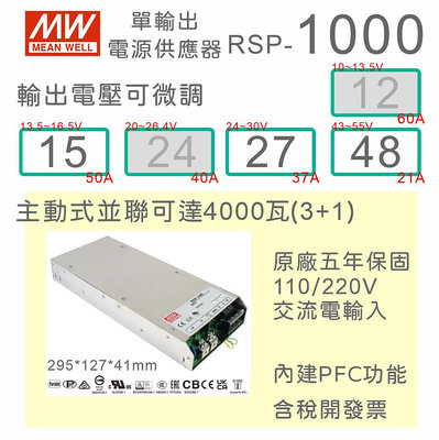 【免運附發票】MW明緯 PFC 1000W電源 RSP-1000-15 15V 27 27V 48 48V變壓器 驅動器