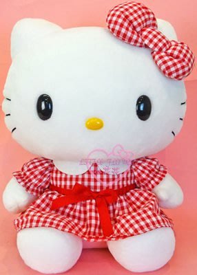 ♥小花花日本精品♥HelloKitty格子蝴蝶結洋裝造型絨毛玩偶娃娃12352500