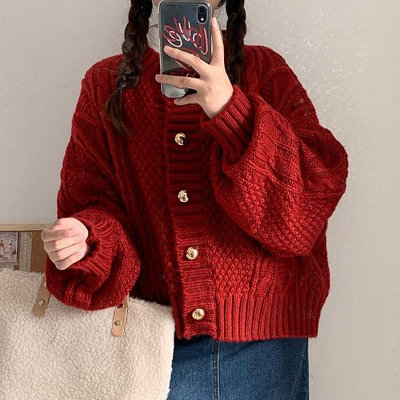 耶誕款紅色毛衣女外套秋冬寬鬆外穿慵懶風針織小外套設計感5