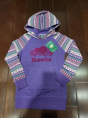 全新零碼出清 女童 大童ROOTS紫色圖騰長袖連帽上衣 M碼