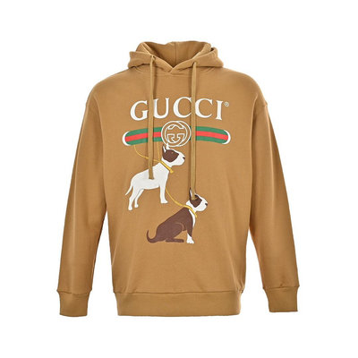 義大利奢侈時裝品牌Gucci咖啡色梗犬印花連帽長袖T恤 代購