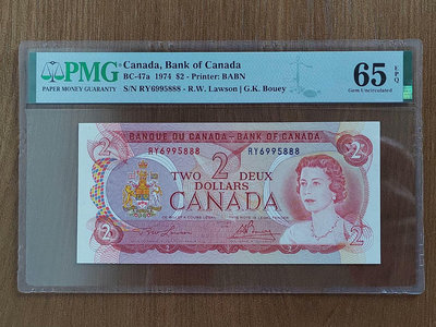 豹子888 全新UNC 加拿大 2 元 女王鈔1974年