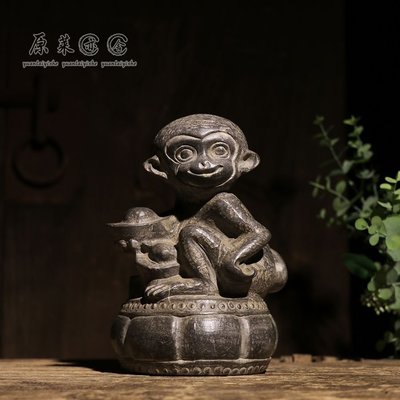 原萊青石雕刻 靈猴獻瑞 福壽雙至新中式案頭禮品擺件招財生肖猴子