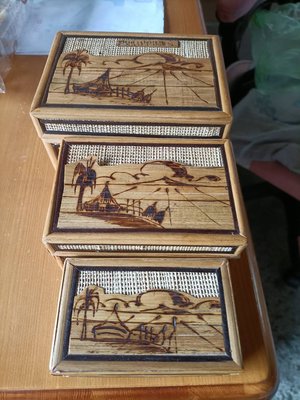 【銓芳家具】Vintage 手作繪圖竹片盒 珠寶盒 早期收藏 古董寶貝盒 精緻手工製圖藝術品 竹片木盒 收納盒 收藏盒