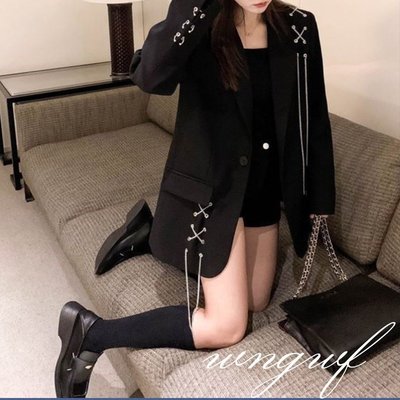 【超夯】黑色西裝外套女 秋冬設計感小眾炸街氣質寬鬆小個子休閒西裝