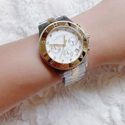 MARC BY MARC JACOBS 金色框白色面錶盤 金色配銀色不鏽鋼錶帶 石英 三眼計時 女士手錶 MBM3177
