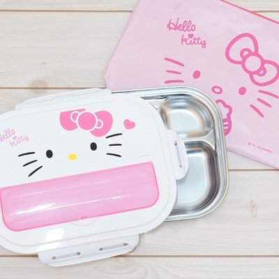 ♀高麗妹♀【預購】韓國 Hello Kitty 夢幻凱蒂貓 304不鏽鋼/防漏樂扣蓋(可收納餐具) 五分格餐盤附收納袋