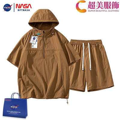 NFT NASA聯名復古薄款冰絲連帽短袖t恤男休閒短褲女夏季痞帥套裝~超美服飾