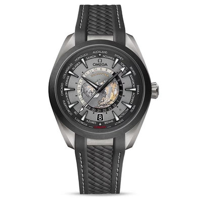 【玩錶交流】全新品 OMEGA AQUA TERRA GMT 世界時區 海馬 鈦金屬 黑陶瓷錶框 膠帶款 43mm 22092432299001