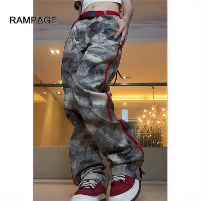 Rampage美式vibe復古迷彩牛仔褲高街hiphop寬松直筒工裝褲ins國潮 特價