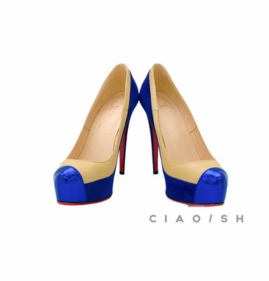 CIAO/SH 名牌精品店 Christian Louboutin杏色小羊皮+藍麂皮漆皮頭細跟鞋