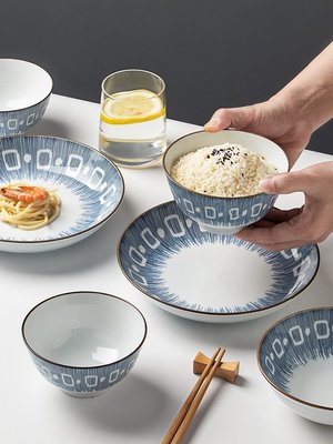 特賣-墨色釉下彩日式碗碟套裝家用個性餐具套裝創意陶瓷碗盤組合宮草格