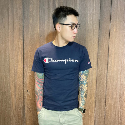 美國百分百【全新真品】Champion 冠軍 棉質 短袖T恤 T-shirt 短T 經典logo 男 深藍 BG60