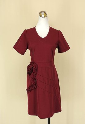 ◄貞新二手衣►ie shop 韓 酒紅花朵V領短袖棉質洋裝XL號(18058)