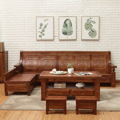 中式實木沙發簡約現代p香樟木七字型組合貴妃帶儲物客廳木質家具~特價