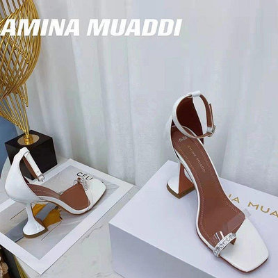 熱銷#Amina Muaddi一字帶涼鞋女夏新款網紅性感高跟涼鞋女貓跟仙